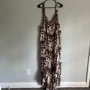 Cato Brown and Cream Tie Dye Sleeveless Ruffled Hem Jumpsuit